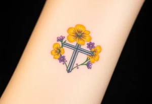 Yellow daisy Purple Hearts around a cross tattoo idea