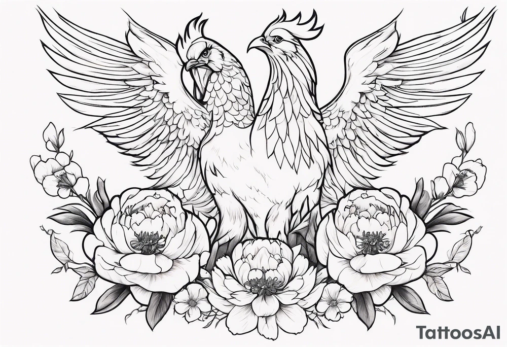 minimalist pheonix with peonies tattoo idea