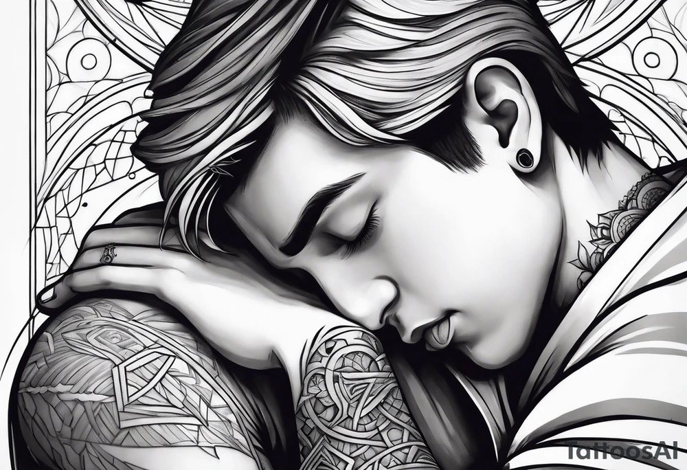 A boy laying his head on gods shoulder tattoo idea