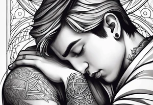 A boy laying his head on gods shoulder tattoo idea
