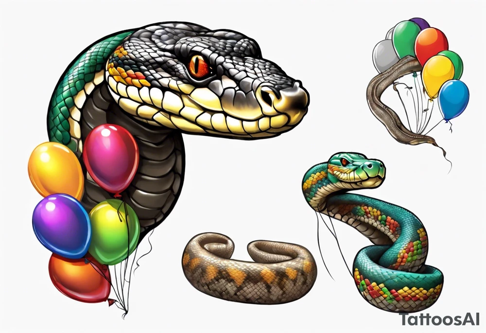 african python with colored ballons from movie up! aside and te-fiti stone on the other side tattoo idea