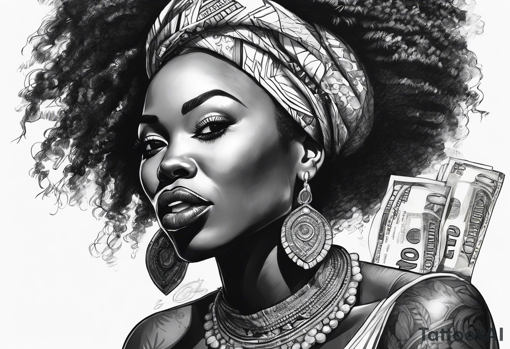 african woman biting money tattoo idea