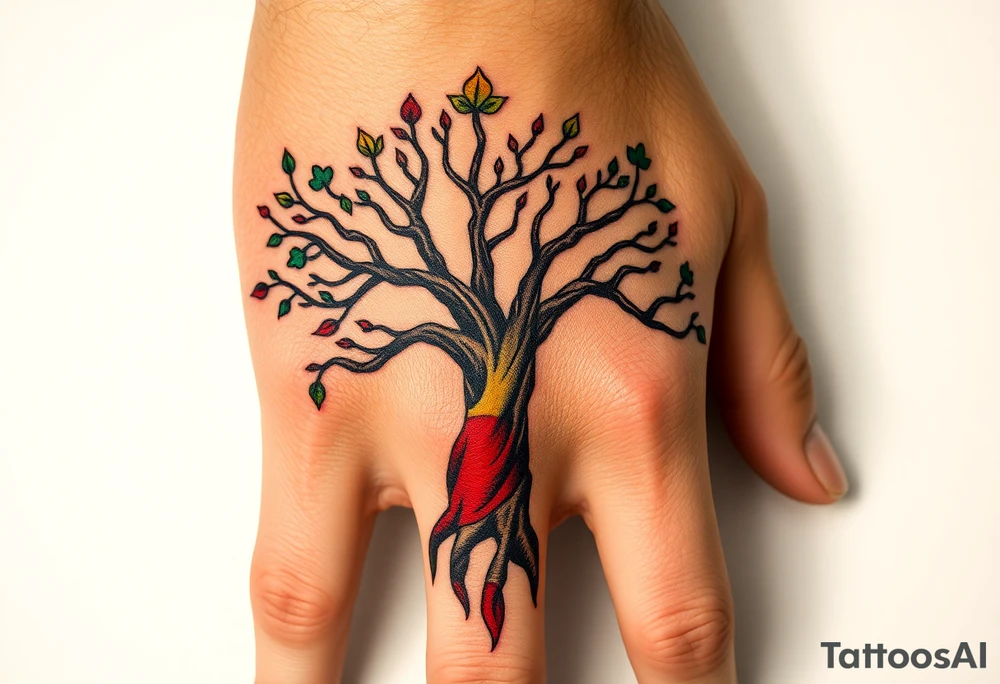 Vibrant tree of life Jamaican and Irish colours tattoo idea