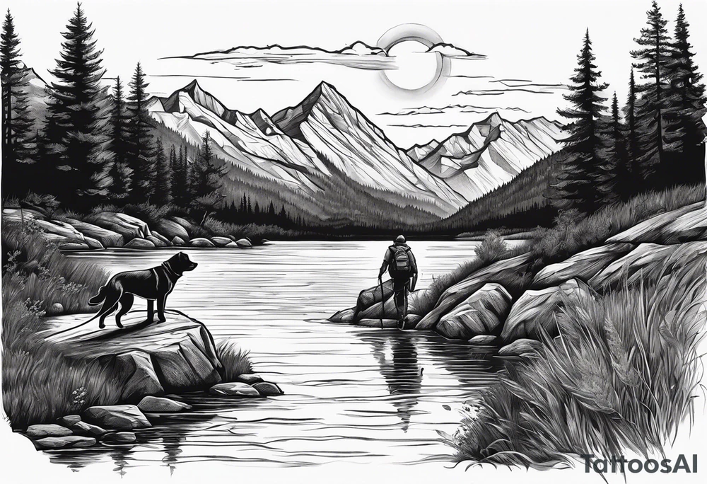 nature, sunset, mountains, a father and son hiking with their dog and cat by the water and a cross in the distance tattoo idea