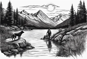 nature, sunset, mountains, a father and son hiking with their dog and cat by the water and a cross in the distance tattoo idea