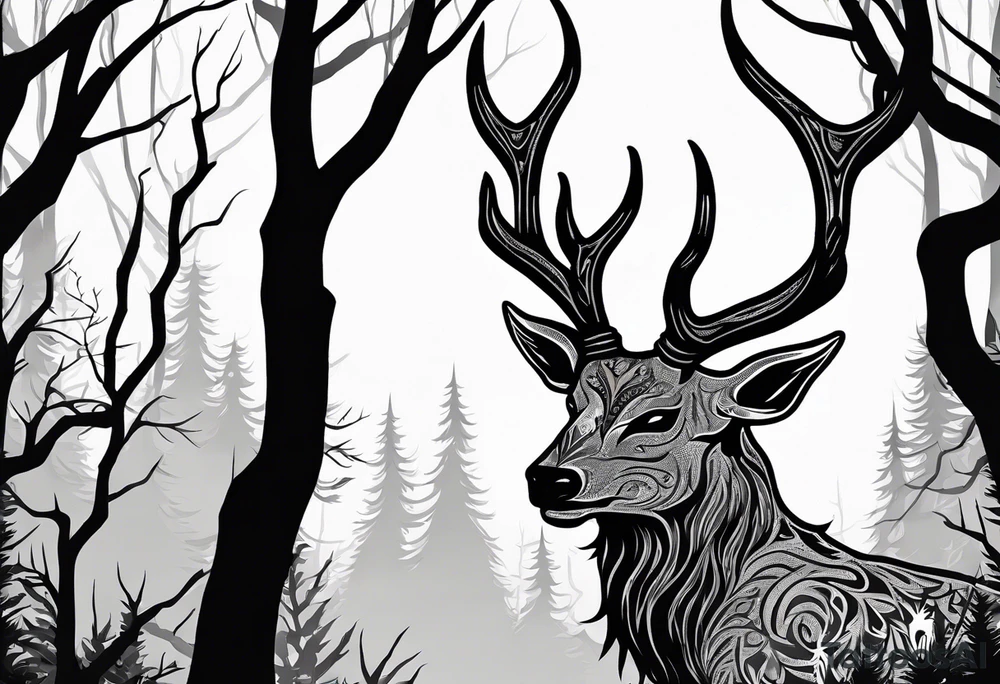 A spooky dead lore accurate wendigo side profile surrounded by a forest fire in background tattoo idea