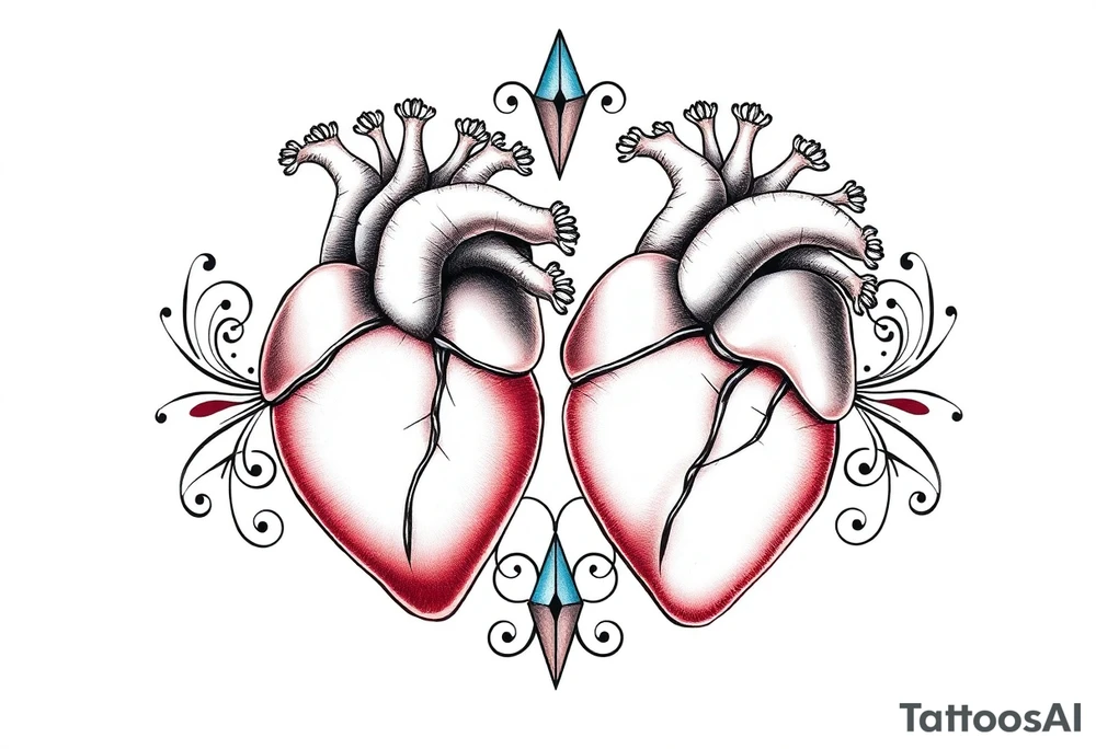 Two anatomical hearts surrounded by filigree and crystal or gem accents tattoo idea