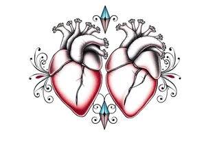 Two anatomical hearts surrounded by filigree and crystal or gem accents tattoo idea