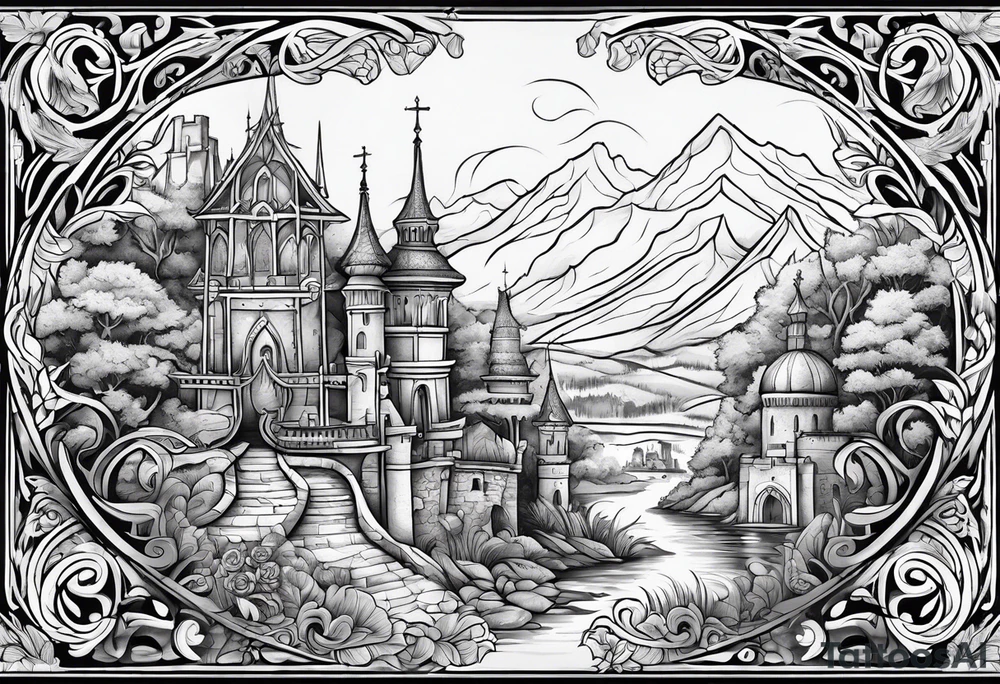 medieval tribal city 
floral  land  vignette tattoo idea