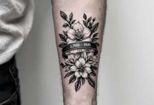 1 black band with roman numerals circuling near elbow and 1 black band lower forearm, both with roman numerals in them. between the black bands fill the space with narcissus flowers and holly tattoo idea