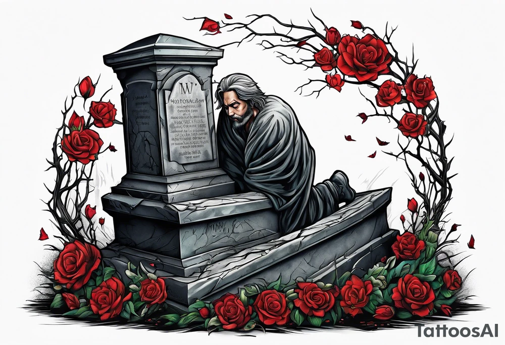 Man crawling out of grave. 
MIW Reincarnate written on gravestone tattoo idea