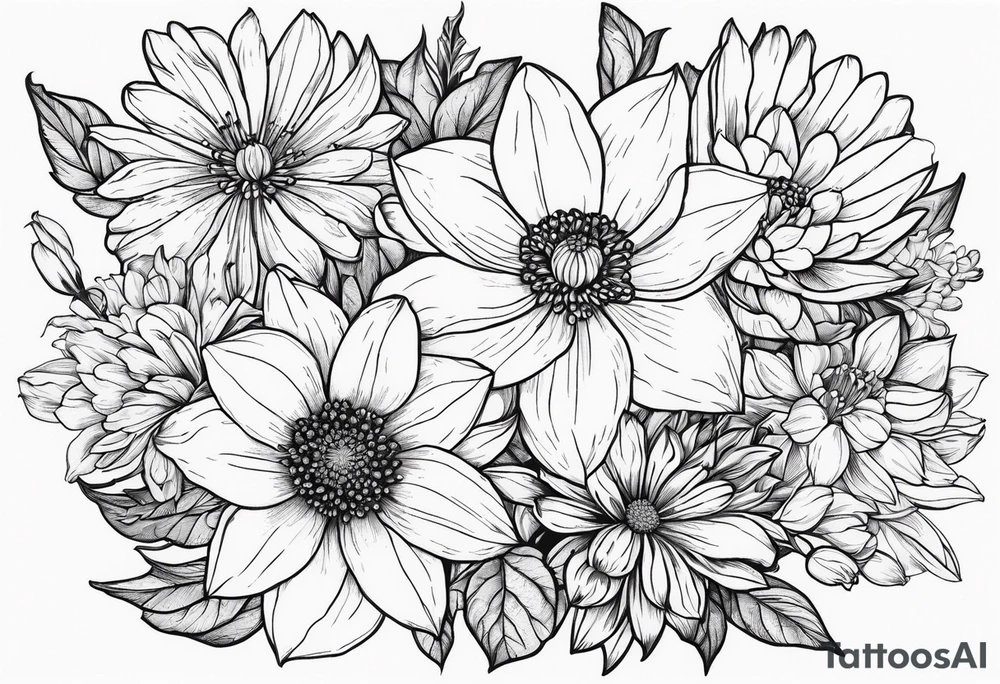 Narcissus, Chrysanthemum, Cosmos, snow drop flowers in a bouquet that shows all stems to the flowers tattoo idea