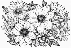 Narcissus, Chrysanthemum, Cosmos, snow drop flowers in a bouquet that shows all stems to the flowers tattoo idea