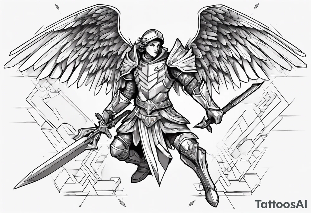 A winged angel wearing armor that is in mid-air with his two-handed sword about to attack in isometric view. tattoo idea