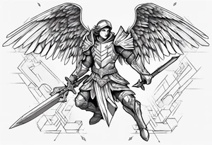 A winged angel wearing armor that is in mid-air with his two-handed sword about to attack in isometric view. tattoo idea