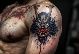 A traditional black and grey samurai mask (menpo) with red accents and fierce golden eyes. tattoo idea