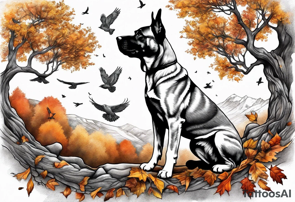 Autumn tree with medium grey brindle dog sitting to the right facing it and looking up at it and birds flying out the top of it tattoo idea