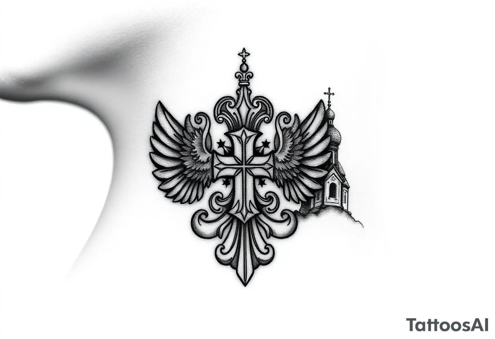 russian coat arms in a russian christian orthodox cross with the cross in the middle with a virgin mary & orthodox dome church on the side of the neck tattoo idea