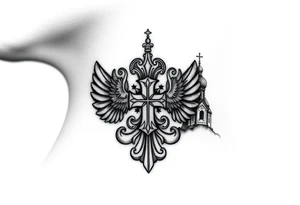 russian coat arms in a russian christian orthodox cross with the cross in the middle with a virgin mary & orthodox dome church on the side of the neck tattoo idea