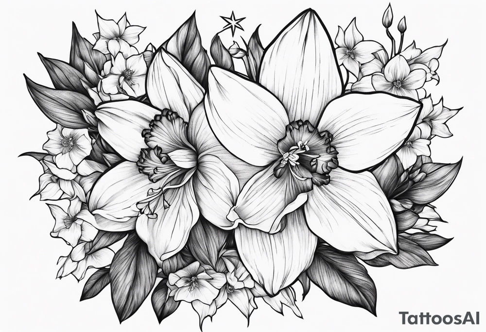 Larkspur, narcissus and stars tattoo idea