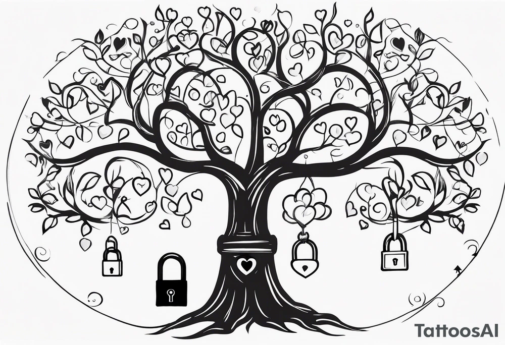 Family tree with lock and hearts with places to put names tattoo idea