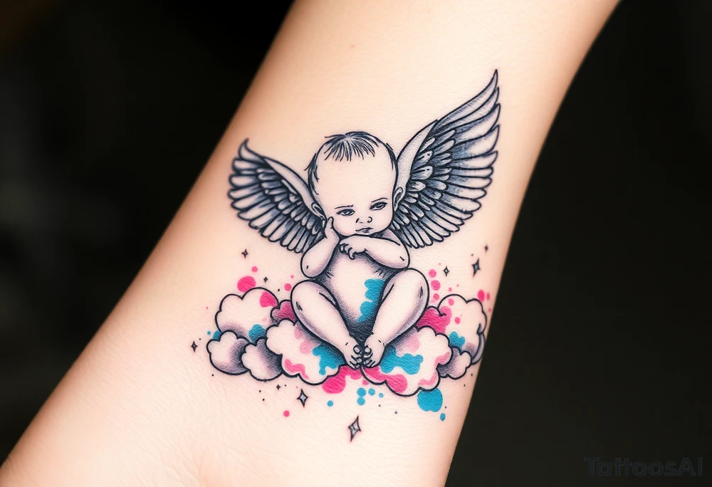 Winged baby, blue and pink watercolor, clouds tattoo idea