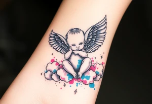 Winged baby, blue and pink watercolor, clouds tattoo idea