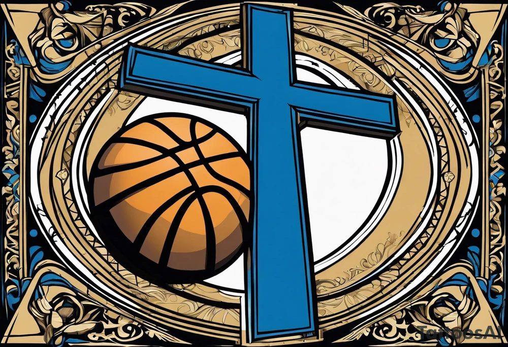 stylized silhouette of a basketball with the cross incorporated into the design? You could have the basketball acting as the base of the cross, and the cross itself could be adorned with elements representing Grand Rapids, Michigan. For example, you could include the iconic Blue Bridge that spans the Grand River tattoo idea