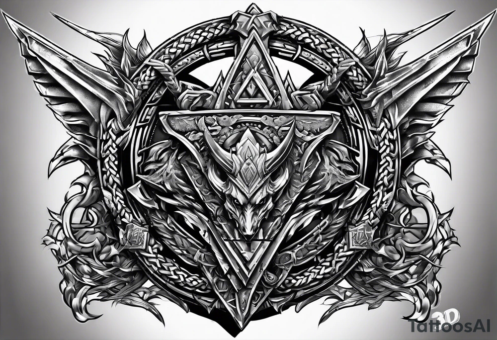 Valhalla sword shield dragon axe Valknut barbed wire chains fire tattoo idea