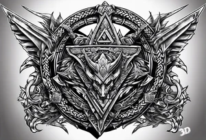 Valhalla sword shield dragon axe Valknut barbed wire chains fire tattoo idea