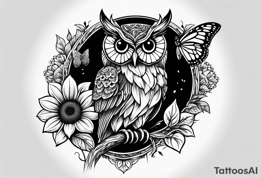 Small owl with butterfly and sunflower leg sleeve tattoo idea