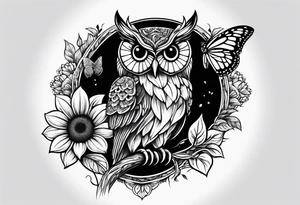 Small owl with butterfly and sunflower leg sleeve tattoo idea