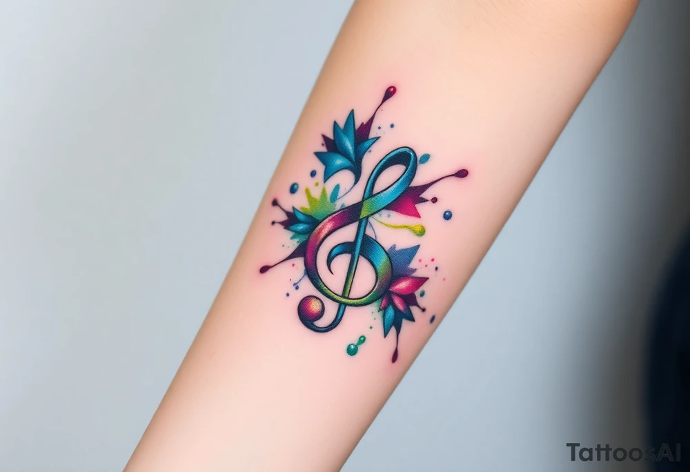 A treble clef breaking apart into abstract shards, with splashes of vivid color—turquoise, magenta, and lime green tattoo idea