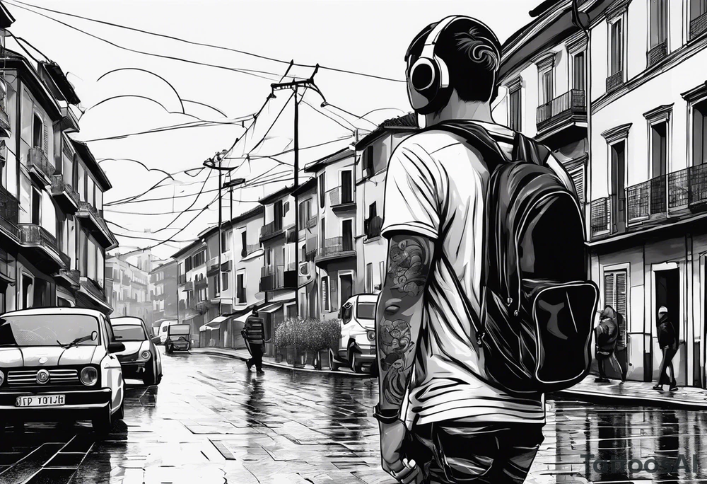 Soccorso player with ball in the streets of naples in the rain with headphones in his ears creating notes that end up in the clouds tattoo idea