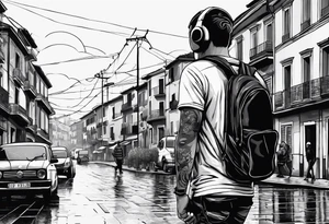 Soccorso player with ball in the streets of naples in the rain with headphones in his ears creating notes that end up in the clouds tattoo idea