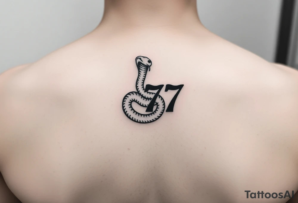 Minimalist black ink tattoo design of a small snake coiled around the number 777. tattoo idea