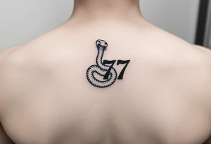 Minimalist black ink tattoo design of a small snake coiled around the number 777. tattoo idea