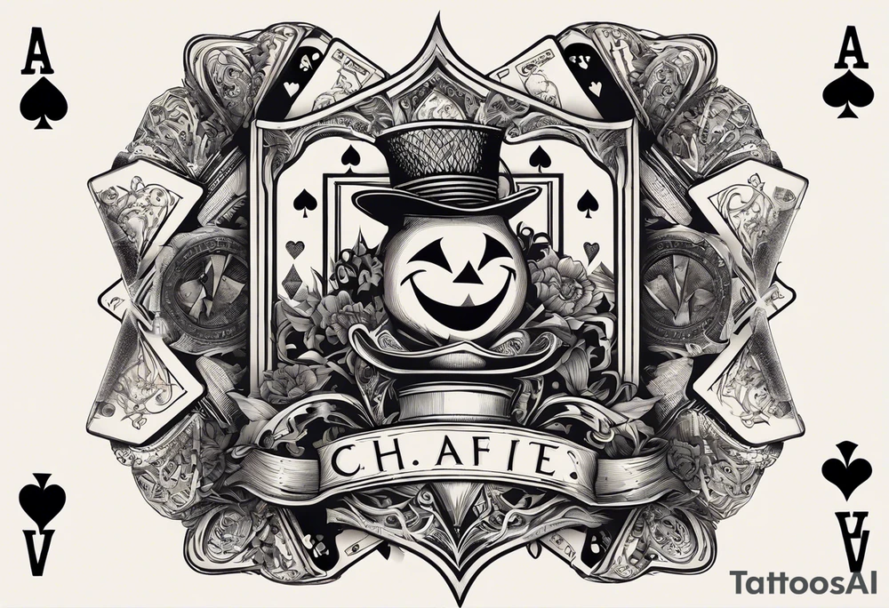A black-and-white tattoo featuring a deck of playing cards falling mid-air, with a joker card prominently displayed at the center to symbolize unpredictability and chaos in life. The cards are scattered, some face-up, some face-down, representing chance and fate. A small hourglass is incorporated at the base of the design, symbolizing the passage of time. The tattoo uses bold lines and shading to create depth and contrast, keeping the design entirely black and white tattoo idea