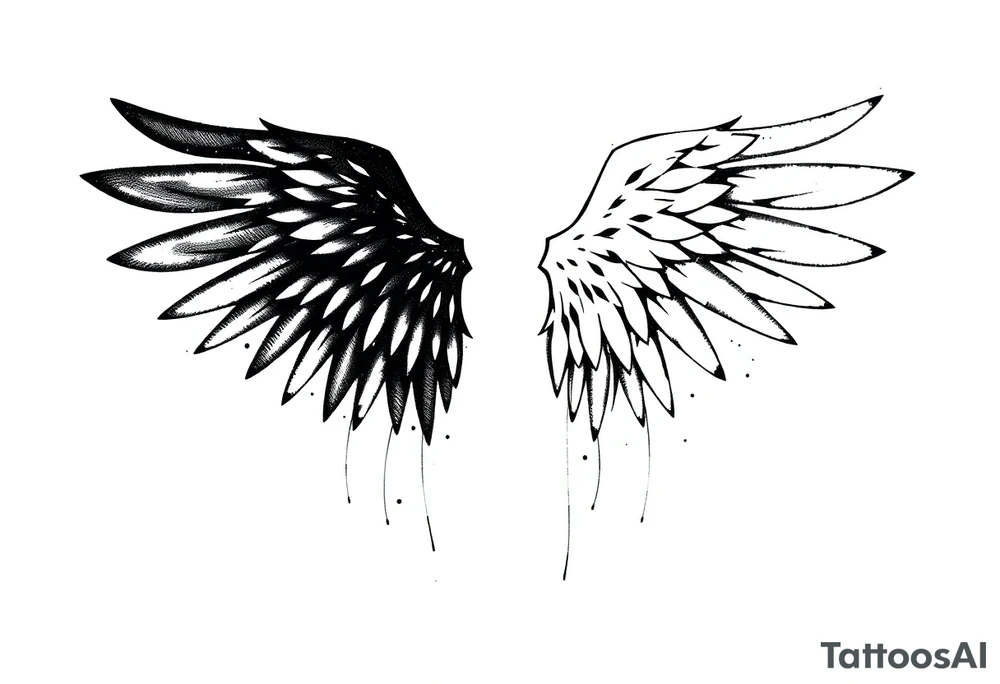 the wings go up

This tattoo design features a pair symmetrical angel wings drawn in black ink with a rough, sketch-like style. The left wing is darker, more defined, and appears denser, while the right wing is lighter, more delicate, and fragmented, creating a contrast between the two. The feathers are sharp and irregular, with fine lines and stray strokes extending outward, adding a raw and artistic feel. The overall look is dynamic and slightly chaotic, giving the impression of movement or an unfinished, ethereal form. This design symbolizes duality, freedom, transformation, or even struggle, making it a meaningful and visually striking tattoo. tattoo idea