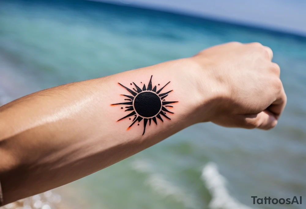 This is an extremely simple and minimalistic tattoo placed on male forearm. It is black and white with tiny splashes of orange from the sun. The tattoo is 4 inches wide by 2 inches tall. From the perspective of being on the ocean, the water is calm, with no waves in sight, the sun is setting behind the ocean, reflecting light onto the water. The water has shading. tattoo idea