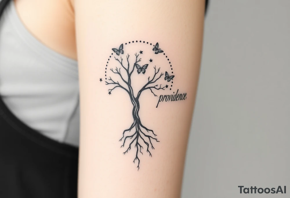 minimalistic tree of life that’s roots come out at bottom and make a dotted circle around the tree and have butterflies coming out of circle on top right and then the word “providence” curved on the outside of circle to the right tattoo idea