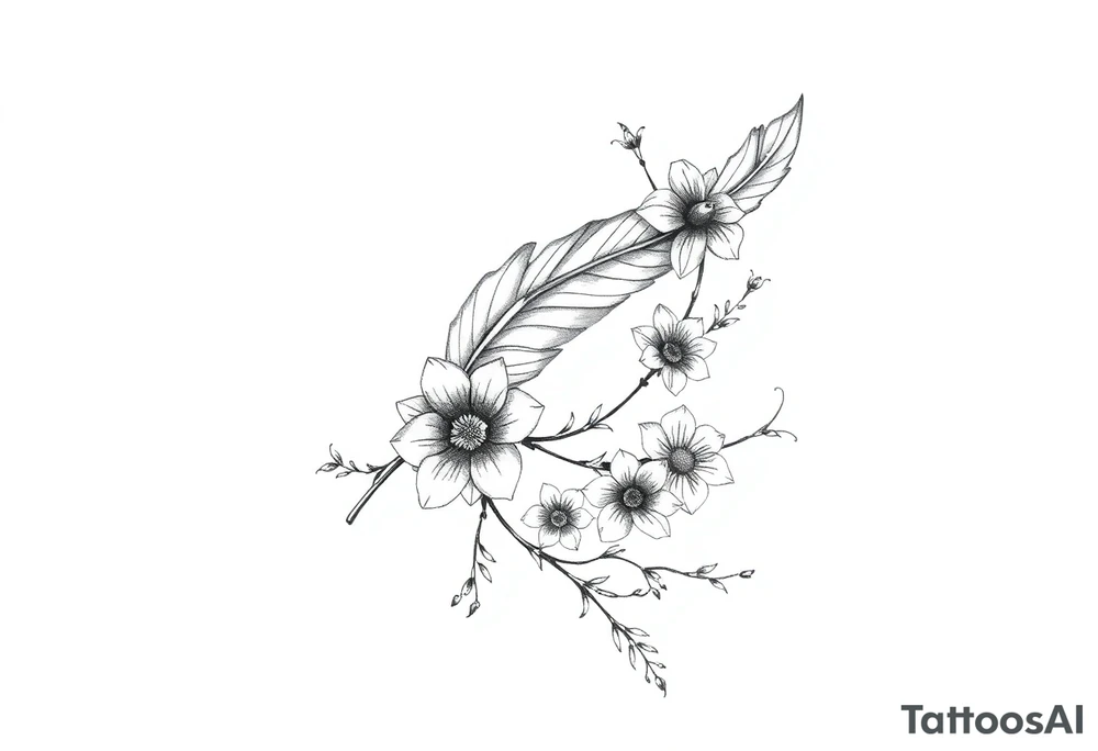 Feather with flowing vine and flower tattoo idea
