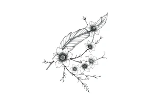 Feather with flowing vine and flower tattoo idea