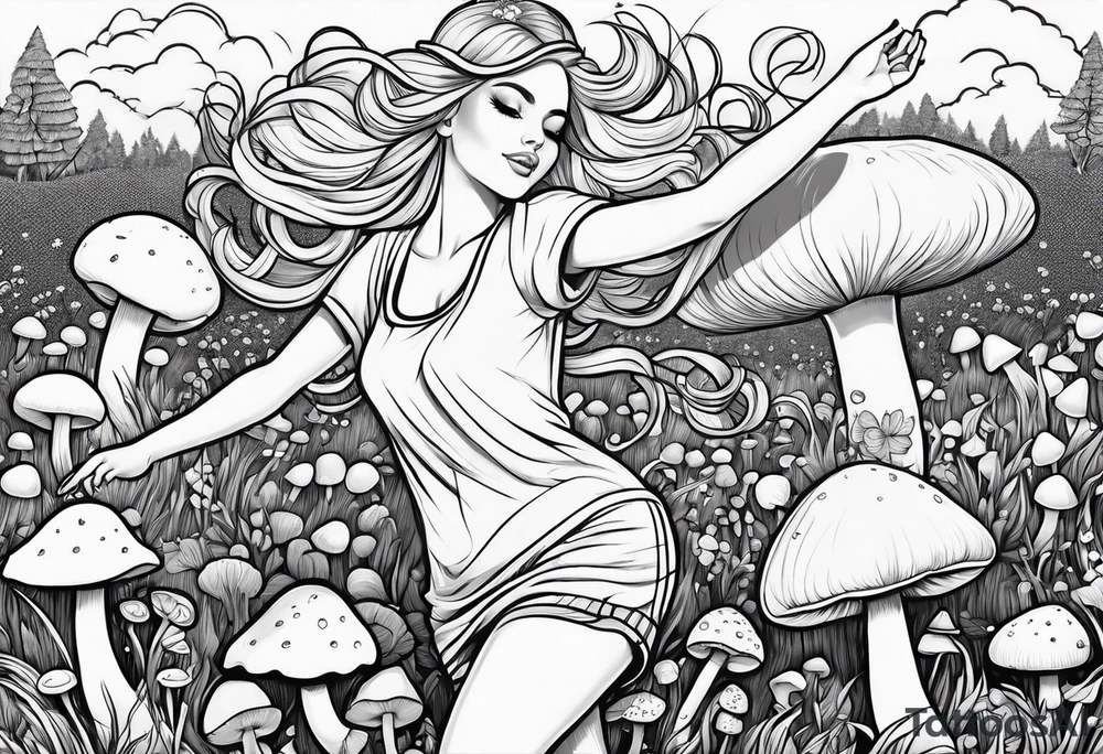 Blonde chubby Girl dancing in field of mushrooms tattoo idea