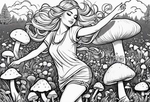Blonde chubby Girl dancing in field of mushrooms tattoo idea