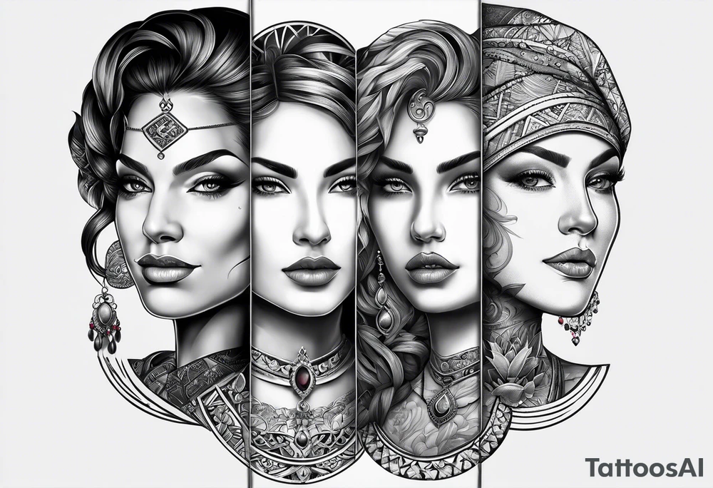Three women's faces next to each other. The woman on the left a young woman18yo, the middle  is a mother40 yo the right is a grandmother 70yo tattoo idea