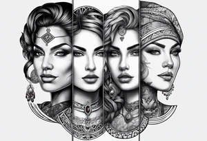 Three women's faces next to each other. The woman on the left a young woman18yo, the middle  is a mother40 yo the right is a grandmother 70yo tattoo idea