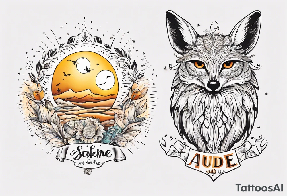 Fuchs und Eule unter der Sonne mit dem Schriftzug Sapere Aude tattoo idea