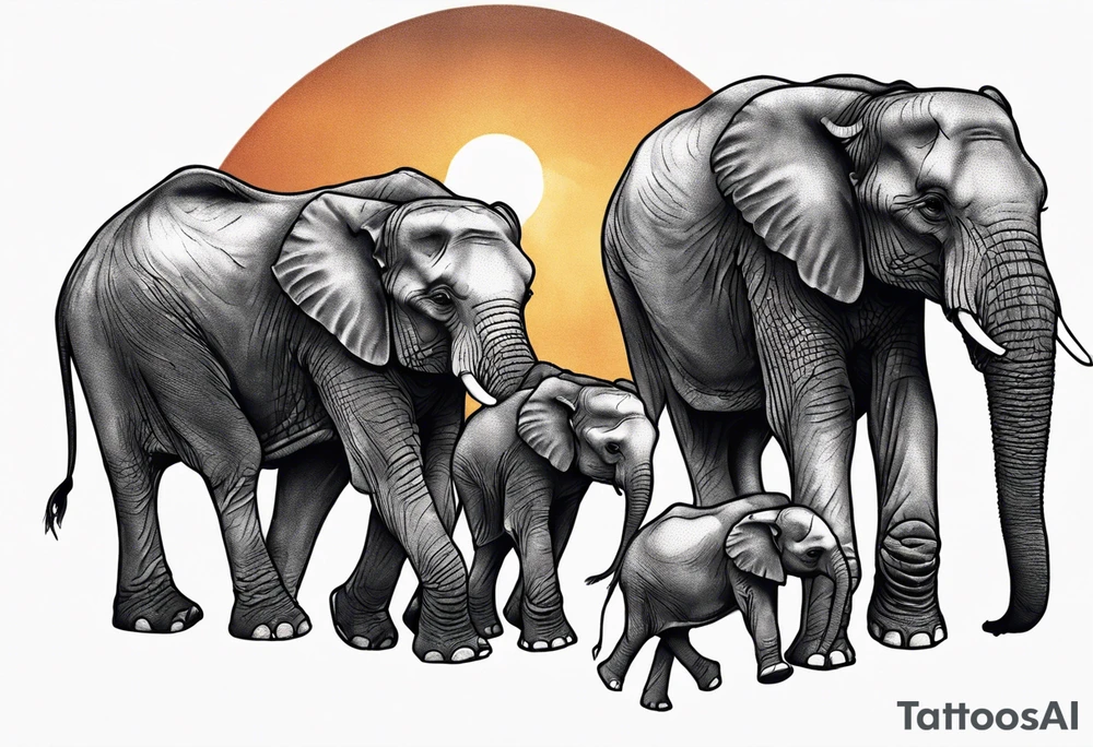 family of 6 elephants walking into sunset after one of them has died tattoo idea