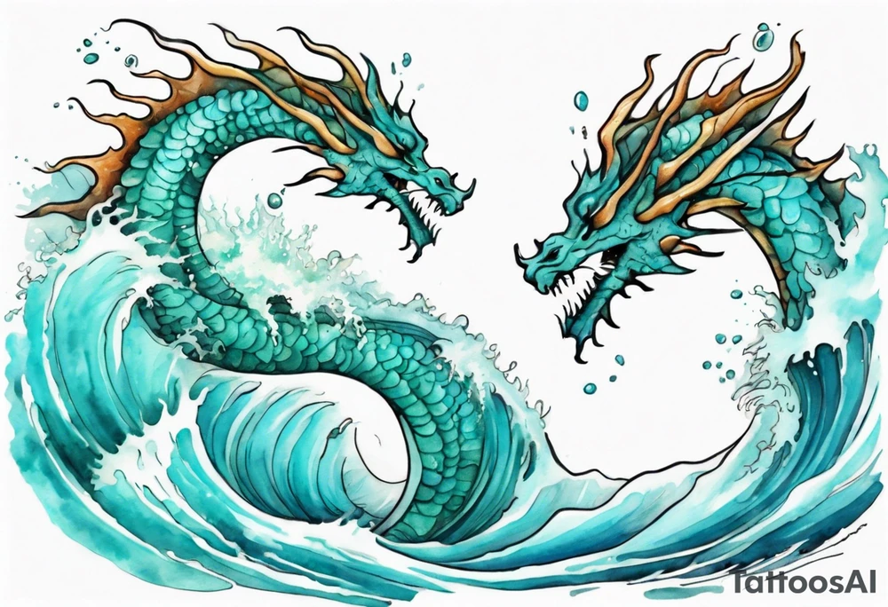 a pretty turquoise sea dragon emerging from an ocean wave, crashing onto the shore tattoo idea